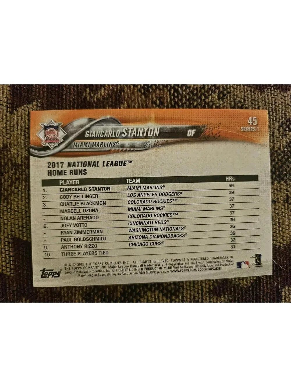 Giancarlo Stanton - League Leaders - 2018 Topps #45  - Marlins - RAW Mint
